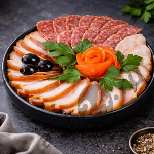 Закуска Нарезка сырно-мясная (сыр, колбаса, маслины) (500г)